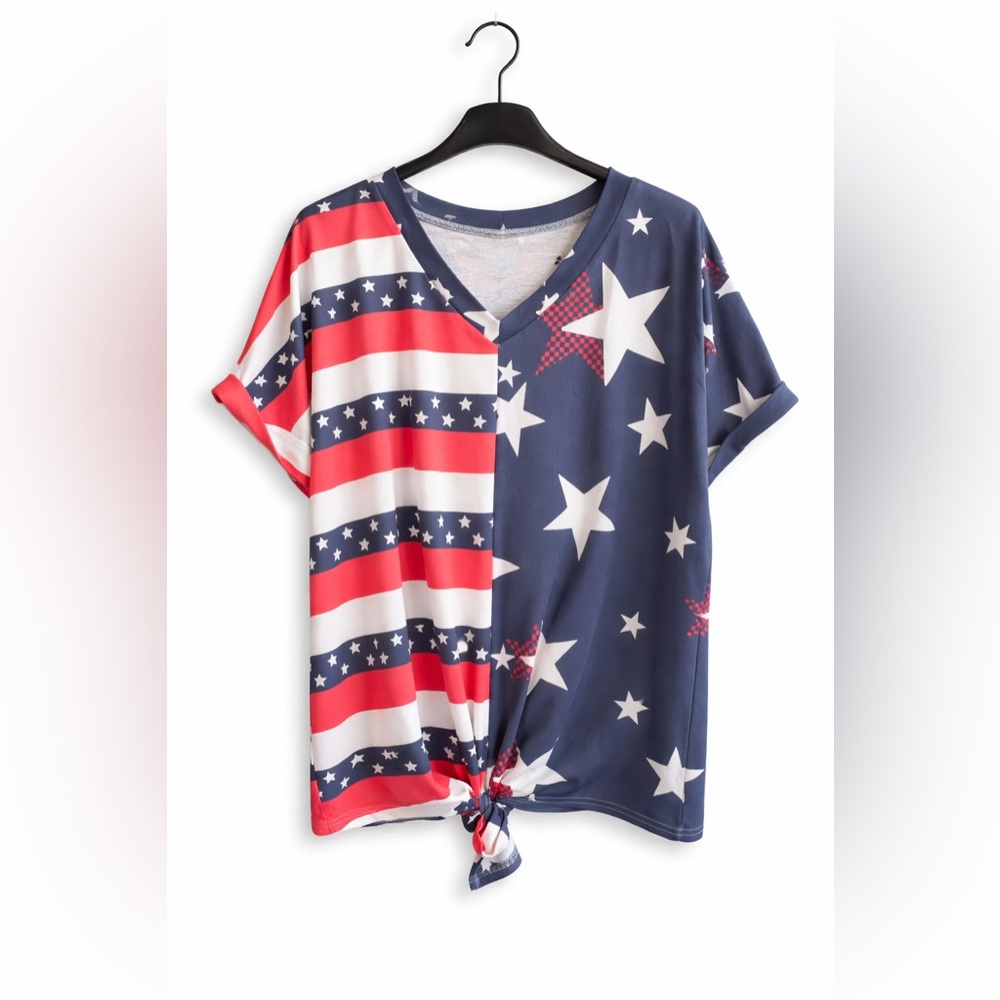 USA Flag Patriotic V-Neck Top XXL Red White Blue 4th of July Shirt